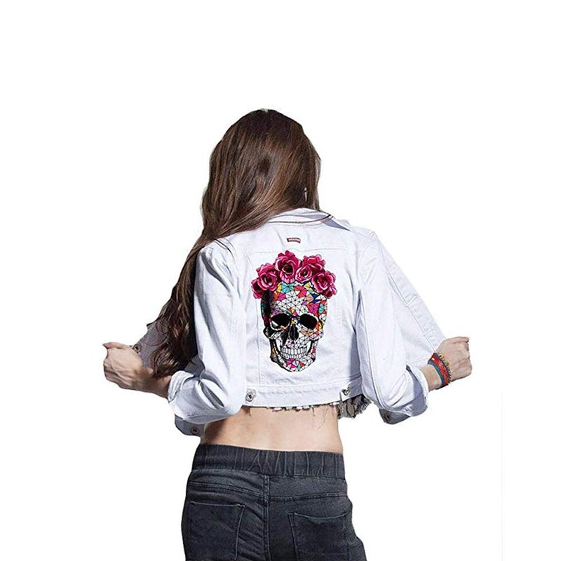 Adonisaon Skull Stickers Patches Halloween Supplies Red Rose Flower Butterfly Feather Iron on Heat Transfer Decals for Jacket Jeans Clothes DIY Decorations 3 Large Size Decals - Image 2